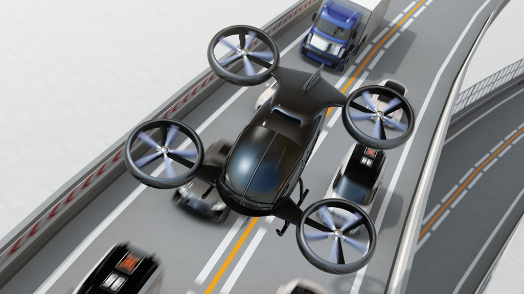 autonomous vehicle flying above highway