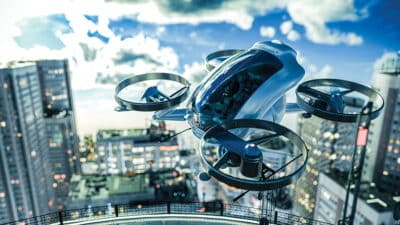 EVTOL ready to land on the roof tarmac