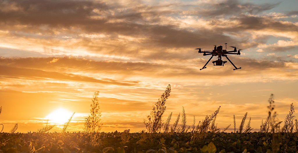 Drone in flight over field at sunset.