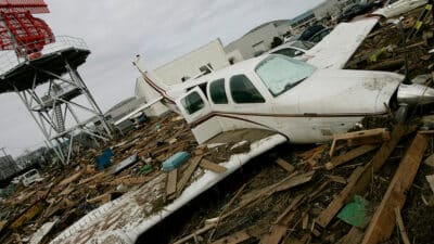 airport wreckage after a hurricane