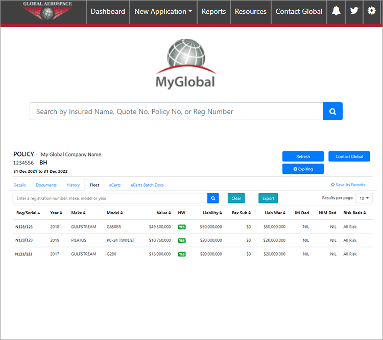 MyGlobal Fleet List