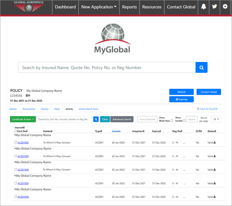 MyGlobal eCerts – Certificate List