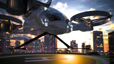 EVTOL ready to land on the roof tarmac.