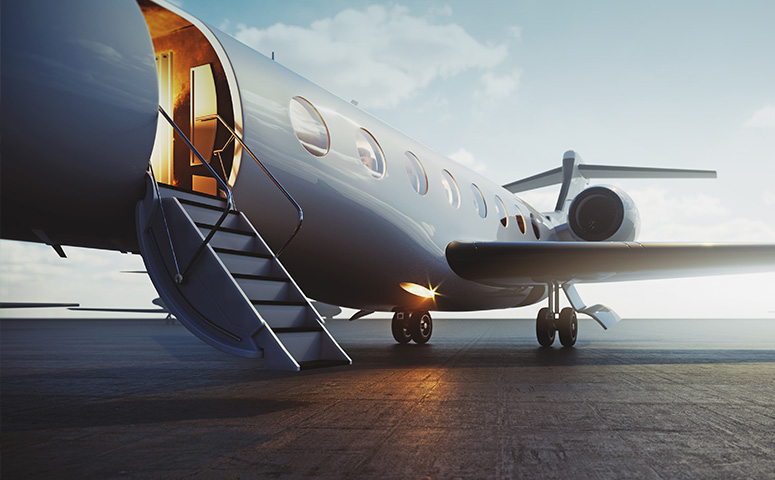 closeup view of business jet airplane parked at outside and waiting