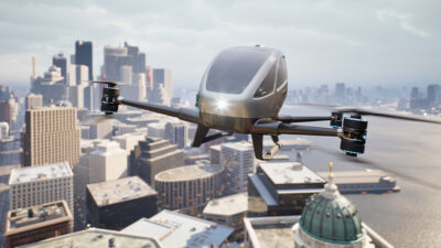 Autonomous driverless aerial vehicle fly across city