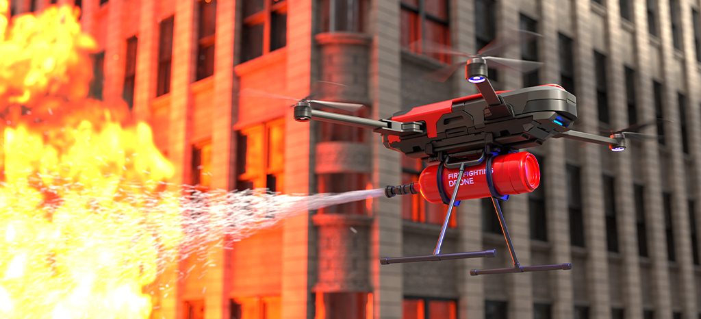 firefighting drone extinguishing a fire